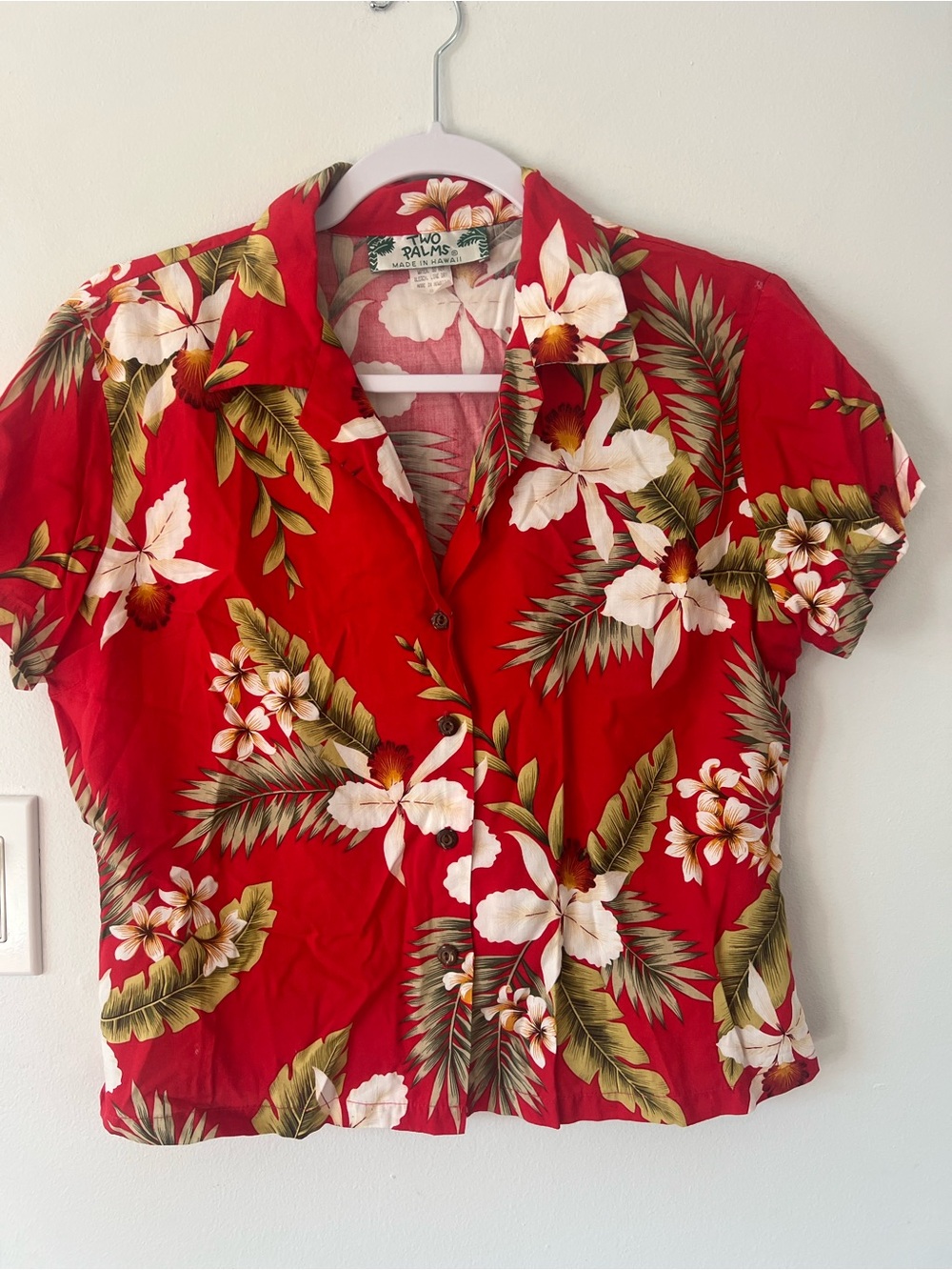 Two Palms 100  % Linen Red Hawaiian Floral Button-Up Blouse Women’s  Small S